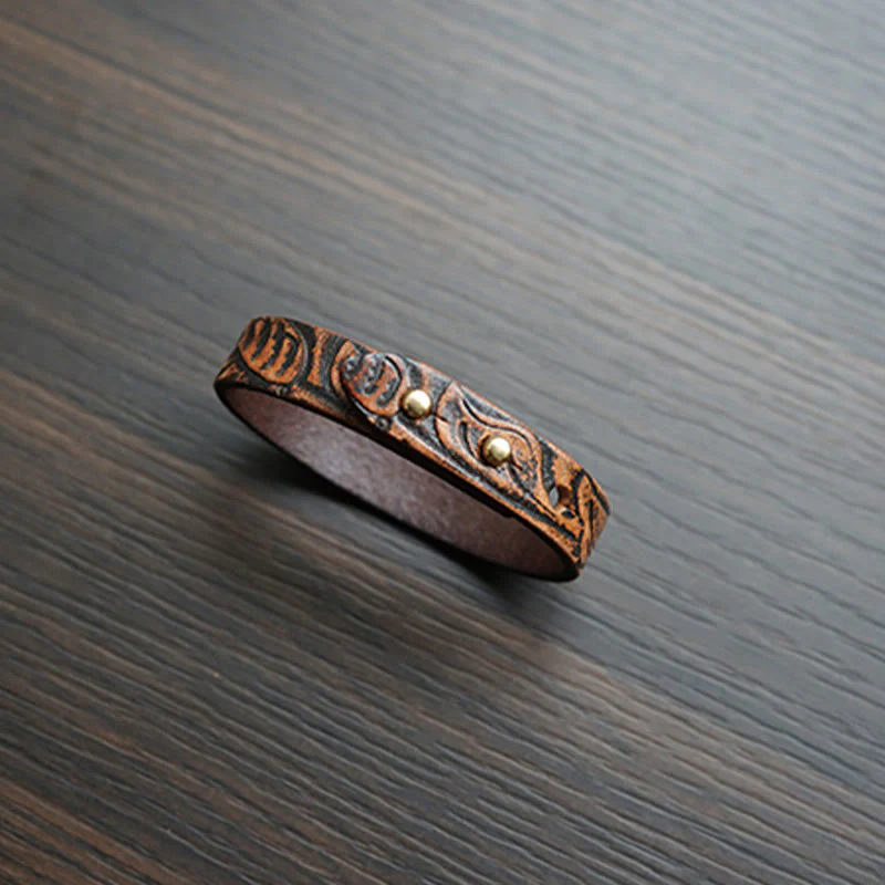 Braccialetto regolabile con fibbia in pelle stampata vintage Buddha Stones - Image 2