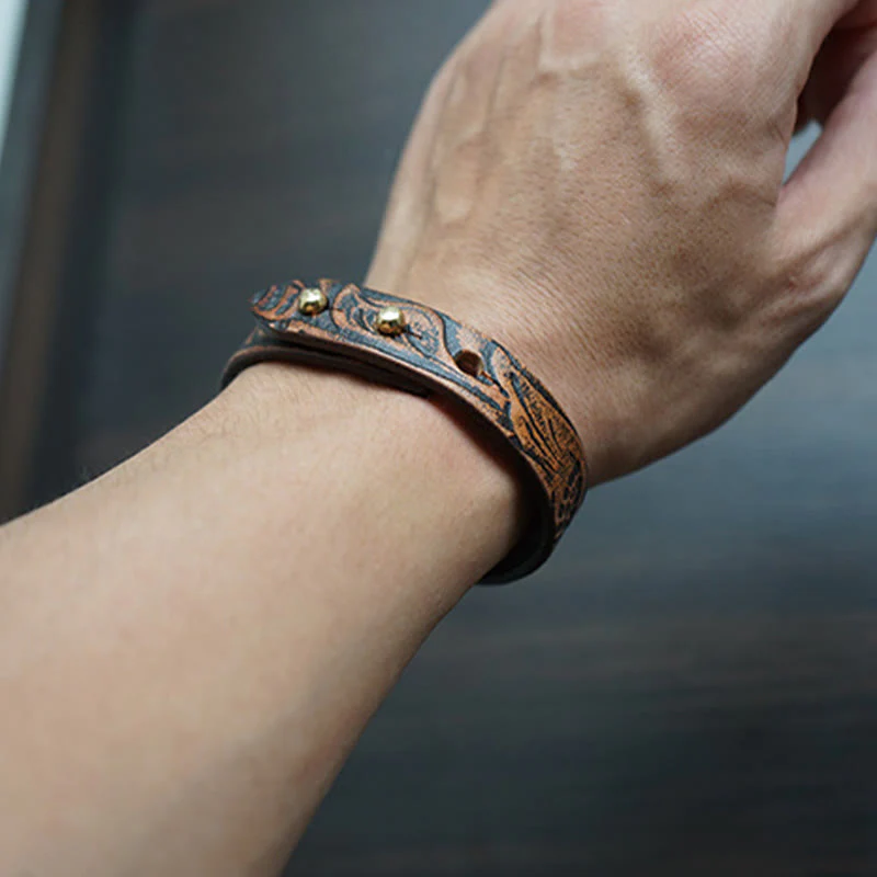 Braccialetto regolabile con fibbia in pelle stampata vintage Buddha Stones - Image 9