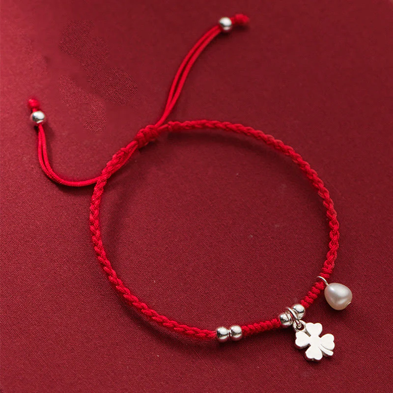 Braccialetto retrò in argento sterling 925 con quadrifoglio e perle portafortuna, cordino rosso Buddha Stones