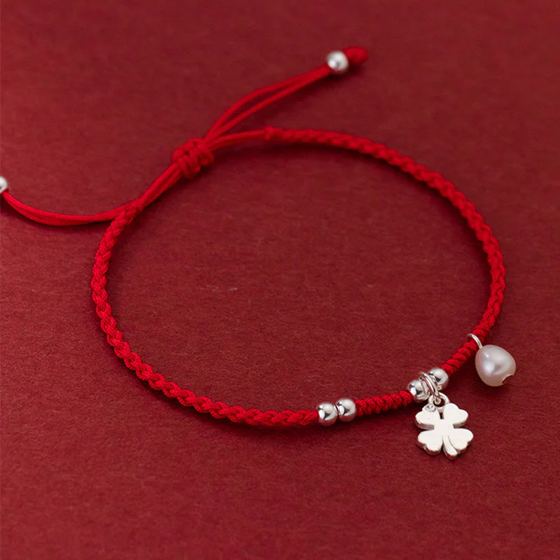Braccialetto retrò in argento sterling 925 con quadrifoglio e perle portafortuna, cordino rosso Buddha Stones - Image 3
