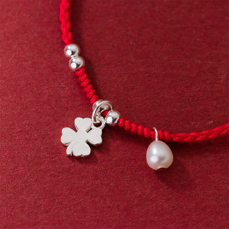 Braccialetto retrò in argento sterling 925 con quadrifoglio e perle portafortuna, cordino rosso Buddha Stones - Image 4
