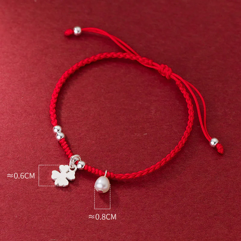 Braccialetto retrò in argento sterling 925 con quadrifoglio e perle portafortuna, cordino rosso Buddha Stones - Image 9