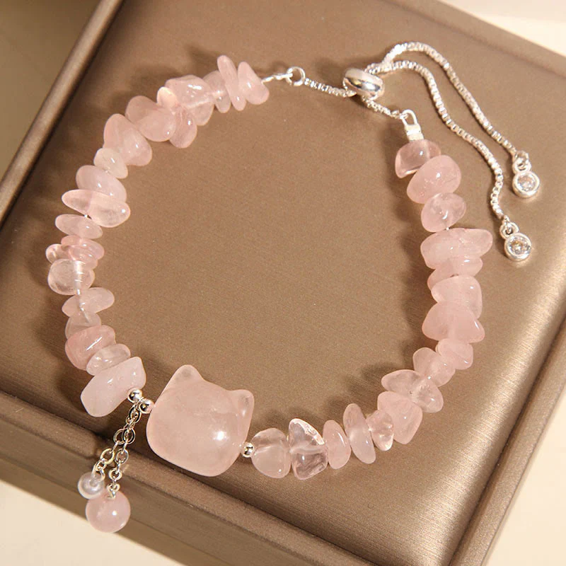 Braccialetto rilassante a forma di testa di gatto in agata rosa naturale e cristallo Buddha Stones - Image 2