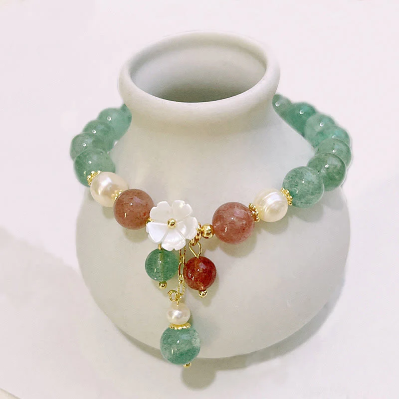 Braccialetto rilassante Buddha Stones con quarzo fragola verde, conchiglia e fiori di pesco