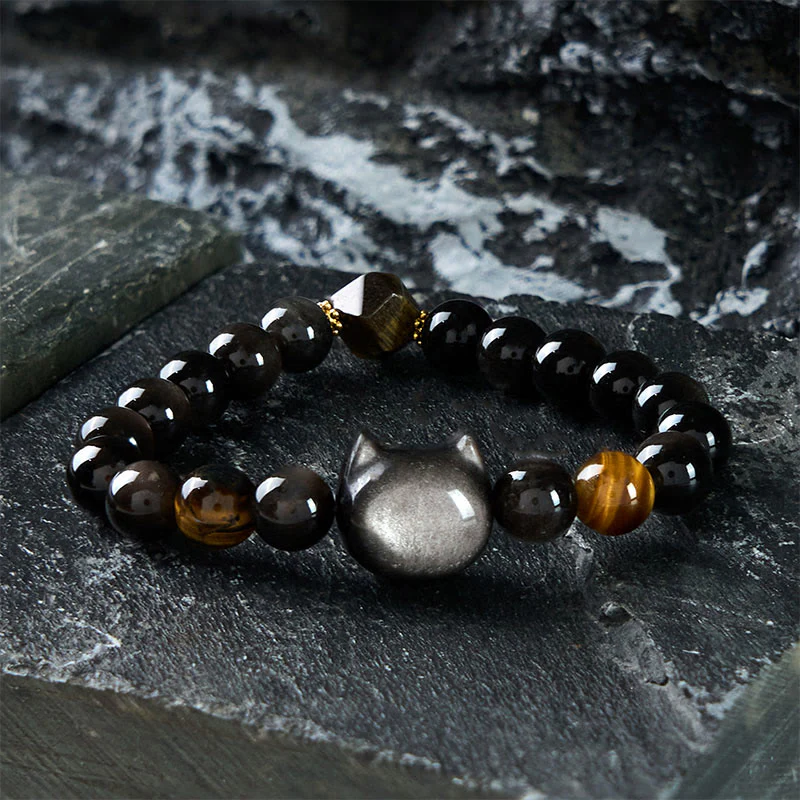 Braccialetto rilassante con perline di ossidiana lucida in argento naturale Buddha Stones