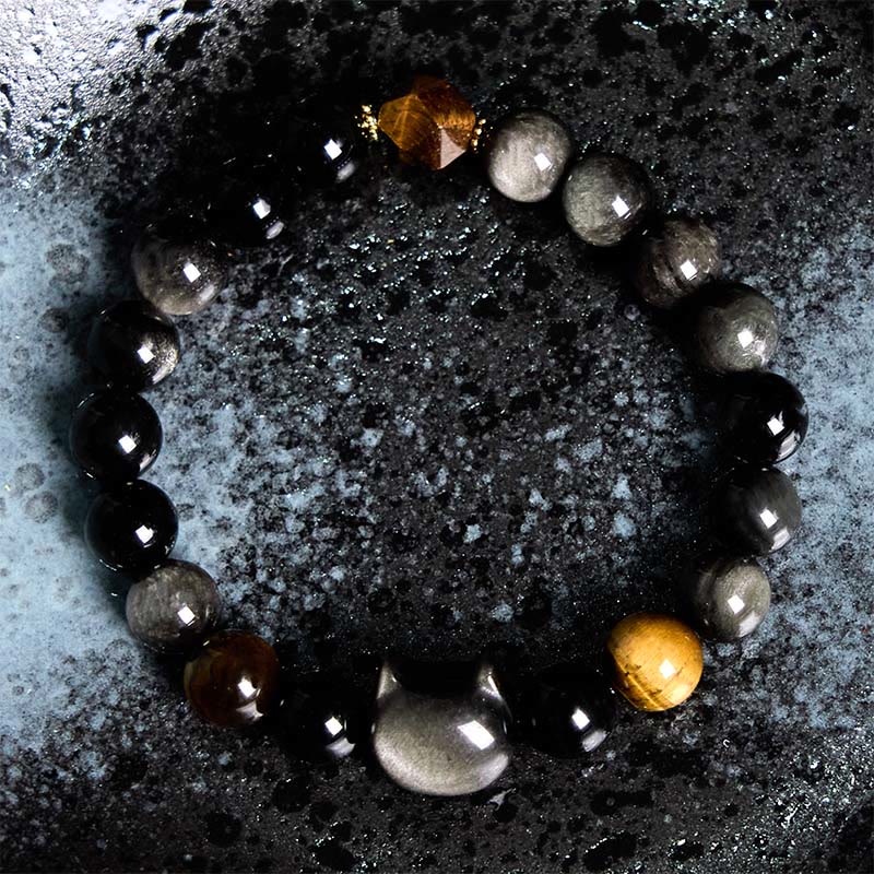 Braccialetto rilassante con perline di ossidiana lucida in argento naturale Buddha Stones - Image 2