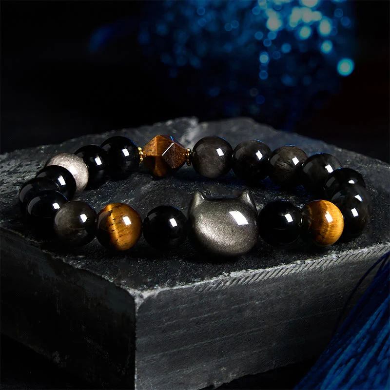 Braccialetto rilassante con perline di ossidiana lucida in argento naturale Buddha Stones - Image 3