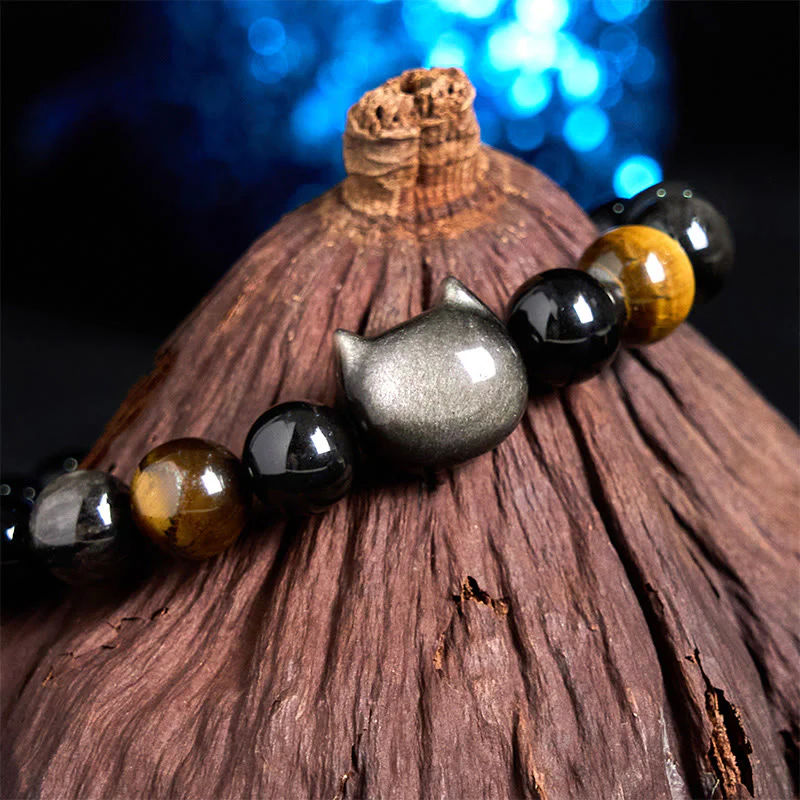 Braccialetto rilassante con perline di ossidiana lucida in argento naturale Buddha Stones - Image 4