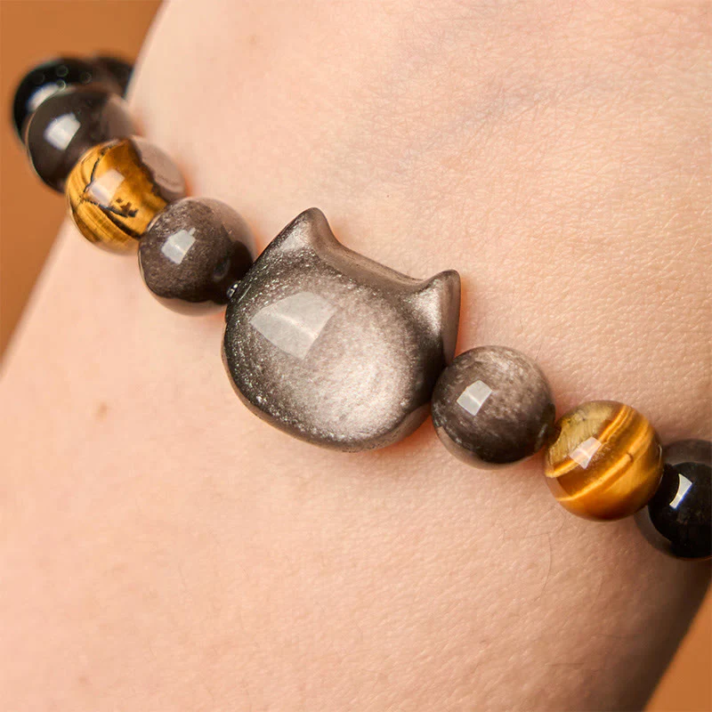 Braccialetto rilassante con perline di ossidiana lucida in argento naturale Buddha Stones - Image 5