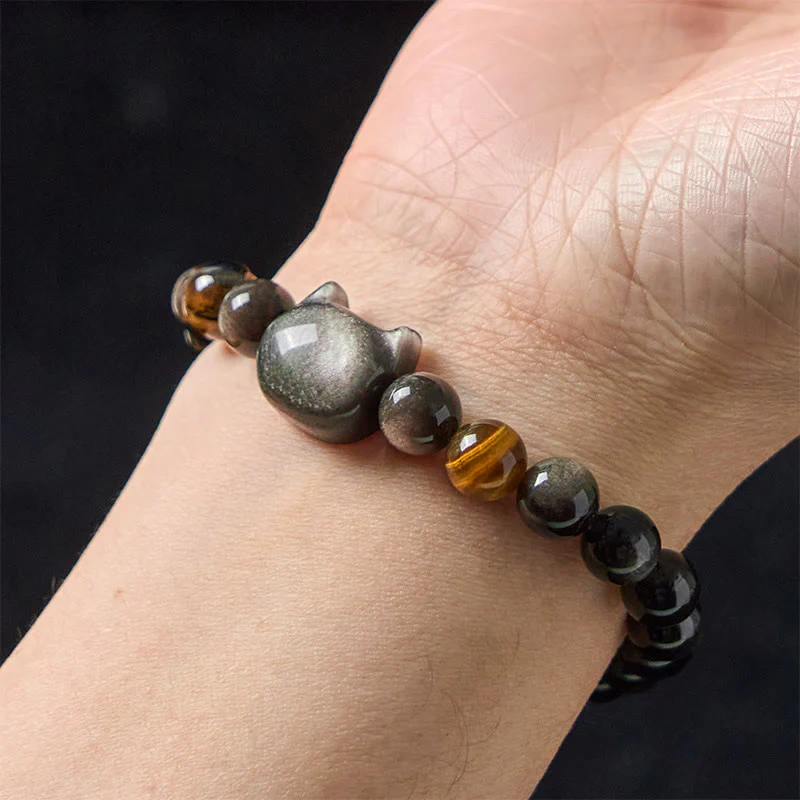 Braccialetto rilassante con perline di ossidiana lucida in argento naturale Buddha Stones - Image 6