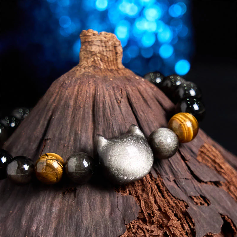 Braccialetto rilassante con perline di ossidiana lucida in argento naturale Buddha Stones - Image 7