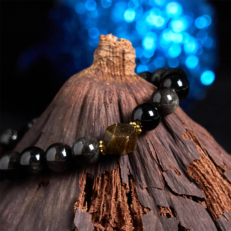 Braccialetto rilassante con perline di ossidiana lucida in argento naturale Buddha Stones - Image 8