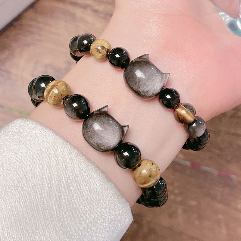 Braccialetto rilassante con perline di ossidiana lucida in argento naturale Buddha Stones - Image 9