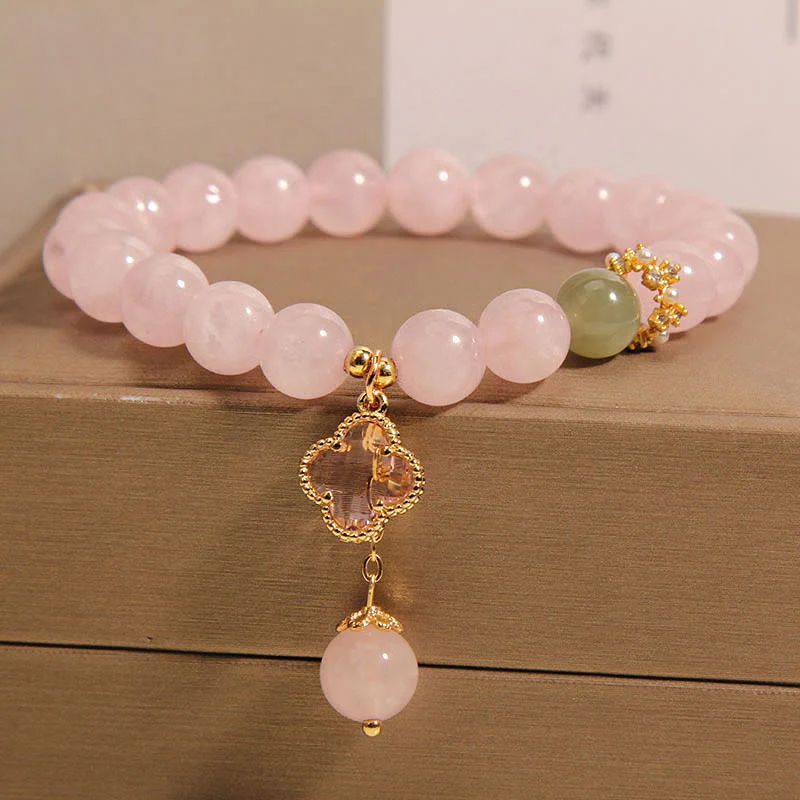 Braccialetto rilassante con quadrifoglio a quattro foglie in cristallo rosa naturale Buddha Stones - Image 2