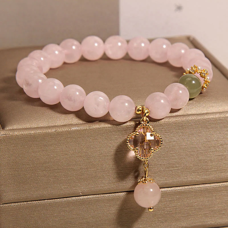 Braccialetto rilassante con quadrifoglio a quattro foglie in cristallo rosa naturale Buddha Stones - Image 3