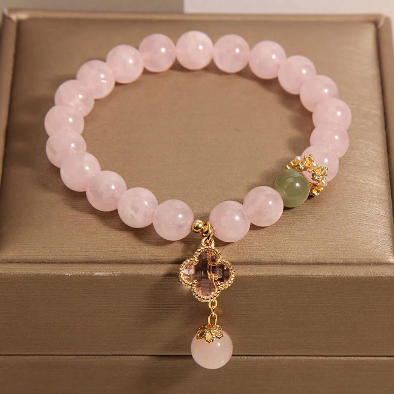 Braccialetto rilassante con quadrifoglio a quattro foglie in cristallo rosa naturale Buddha Stones - Image 4