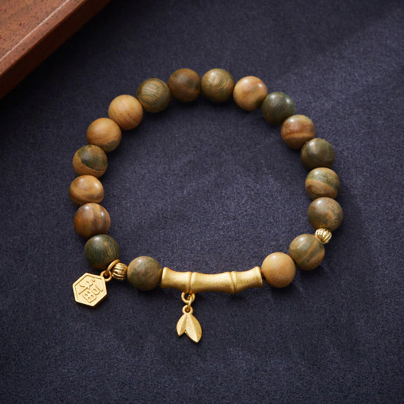 Braccialetto rilassante in bambù con carattere Fu in legno di sandalo verde Buddha Stones