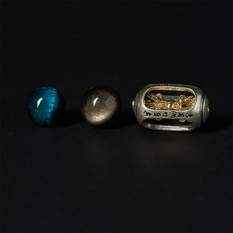 Braccialetto rilassante Om Mani Padme Hum in ossidiana blu con Buddha Stones in argento naturale e occhio di tigre - Image 8