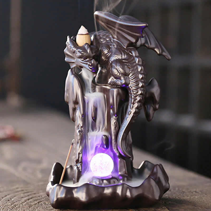 Bruciatore di incenso di guarigione con fontana di fumo a riflusso in ceramica a forma di drago nordico, decorazione a sfera a LED - Image 3