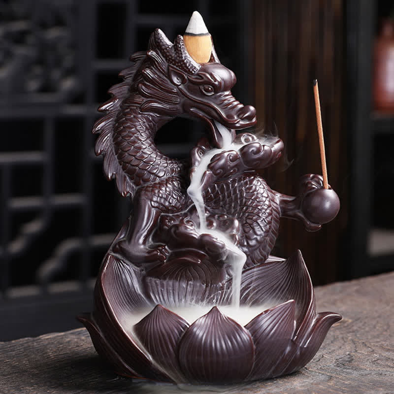 Bruciatore di incenso in ceramica con motivo a loto di drago, protezione e forza, decorazione