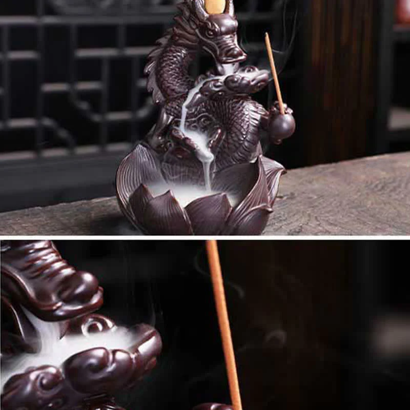 Bruciatore di incenso in ceramica con motivo a loto di drago, protezione e forza, decorazione - Image 10