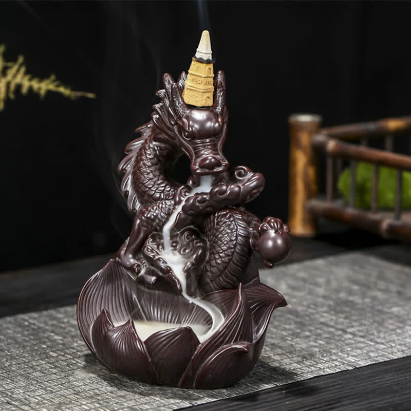 Bruciatore di incenso in ceramica con motivo a loto di drago, protezione e forza, decorazione - Image 3
