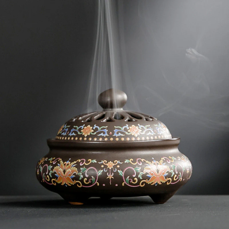 Bruciatore di incenso per meditazione in ceramica con motivo floreale a drago e fontana di fumo a riflusso - Image 3