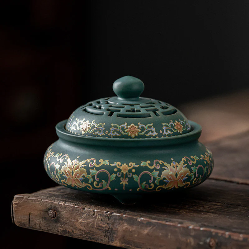 Bruciatore di incenso per meditazione in ceramica con motivo floreale a drago e fontana di fumo a riflusso - Image 7