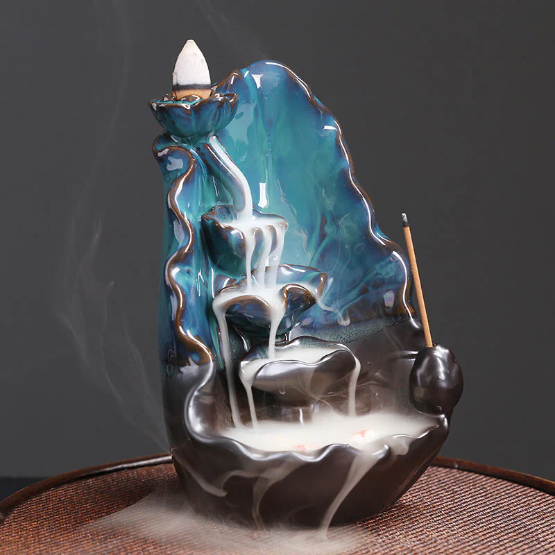 Bruciatore di incenso spirituale con fontana di fumo a riflusso in ceramica, foglia di loto blu, Buddha Stones, decorazione - Image 2