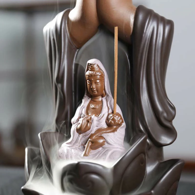 Buddha Avalokitesvara Chenrezig Ksitigarbha Ceramica Loto Benedizione Bruciatore di Incenso a Flusso Inverso - Image 4