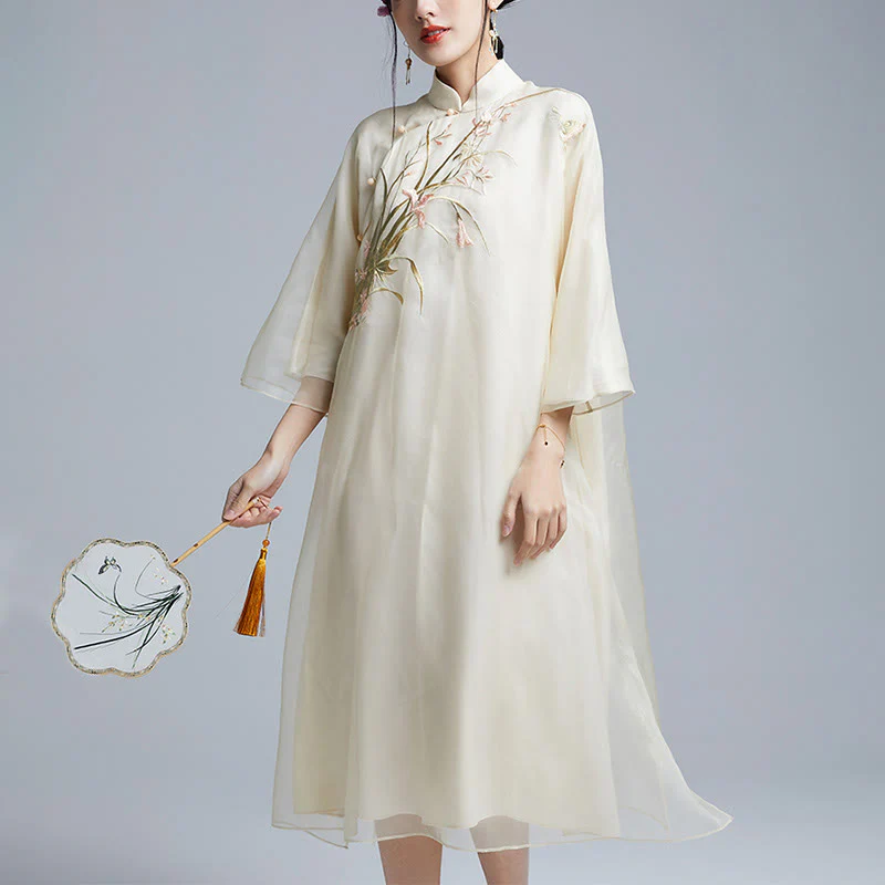 Buddha Stones 100% seta di gelso 6 momme abito vintage fiore farfalla ricamo qipao abito cheongsam da donna