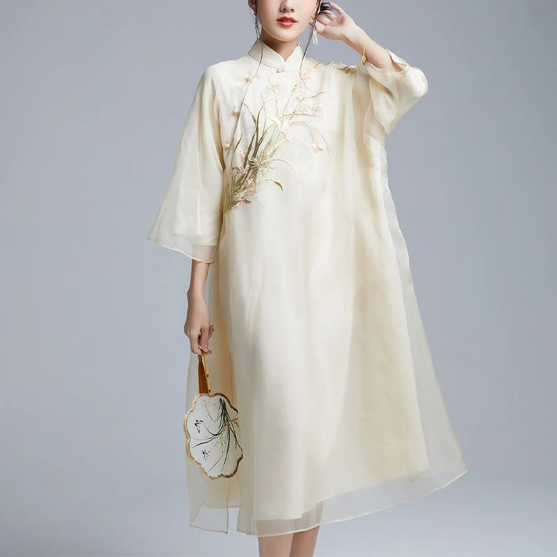 Buddha Stones 100% seta di gelso 6 momme abito vintage fiore farfalla ricamo qipao abito cheongsam da donna - Image 3