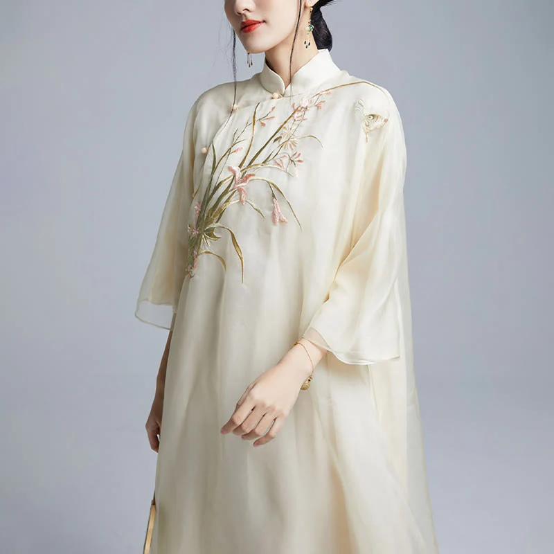 Buddha Stones 100% seta di gelso 6 momme abito vintage fiore farfalla ricamo qipao abito cheongsam da donna - Image 4