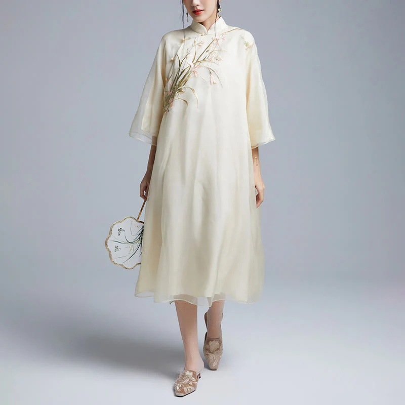 Buddha Stones 100% seta di gelso 6 momme abito vintage fiore farfalla ricamo qipao abito cheongsam da donna - Image 6