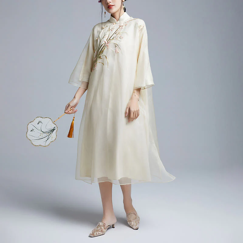 Buddha Stones 100% seta di gelso 6 momme abito vintage fiore farfalla ricamo qipao abito cheongsam da donna - Image 9