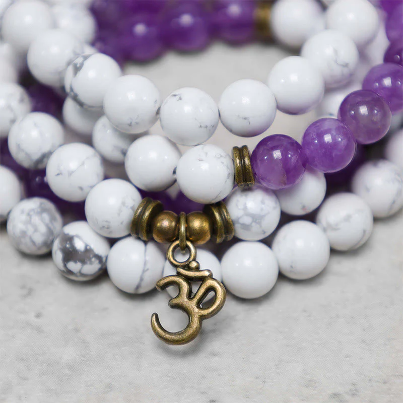 Buddha Stones 108 Mala Beads Ametista Bianco Turchese OM Braccialetto energetico per meditazione curativa - Image 3