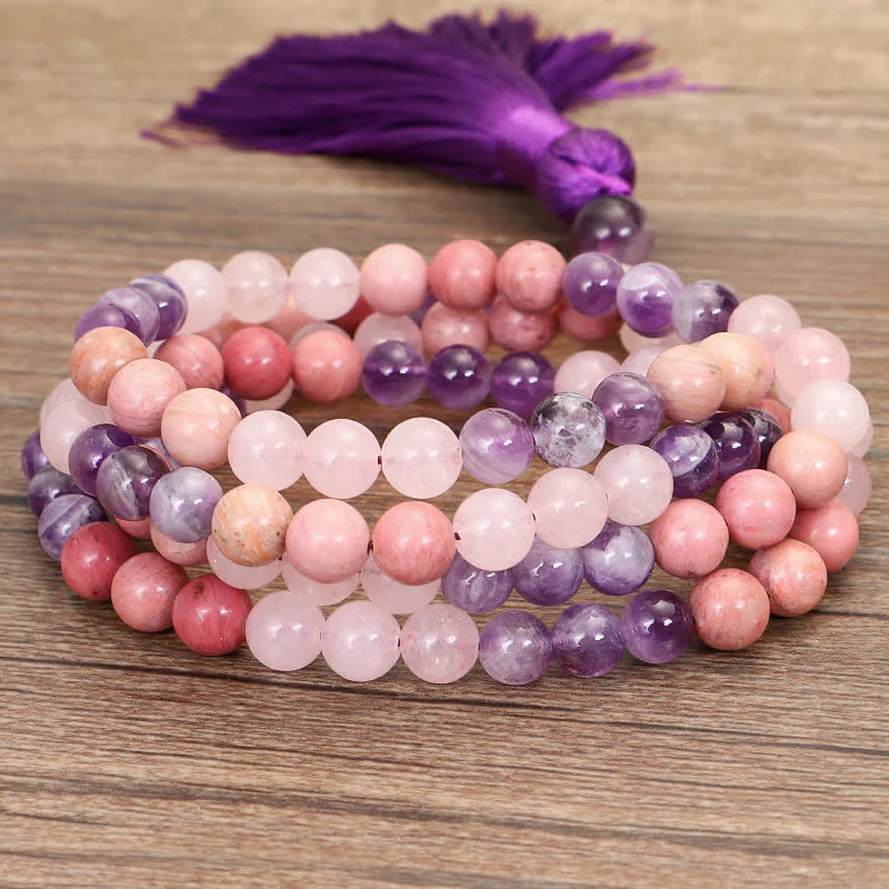 Buddha Stones 108 Mala Beads Ametista Quarzo Rosa Braccialetto con Nappa di Guarigione Spirituale - Image 10