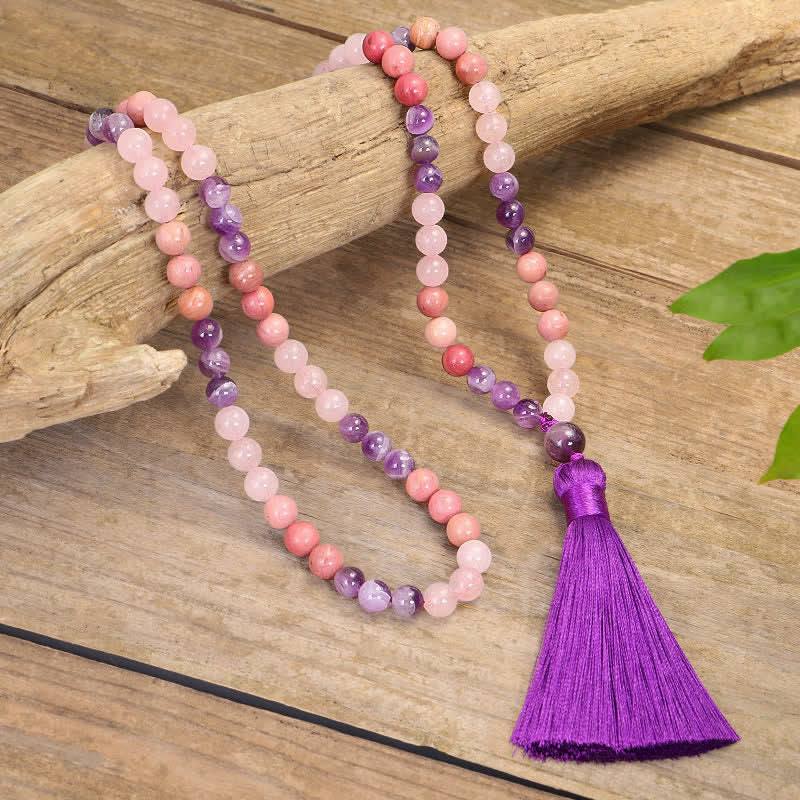 Buddha Stones 108 Mala Beads Ametista Quarzo Rosa Braccialetto con Nappa di Guarigione Spirituale - Image 2