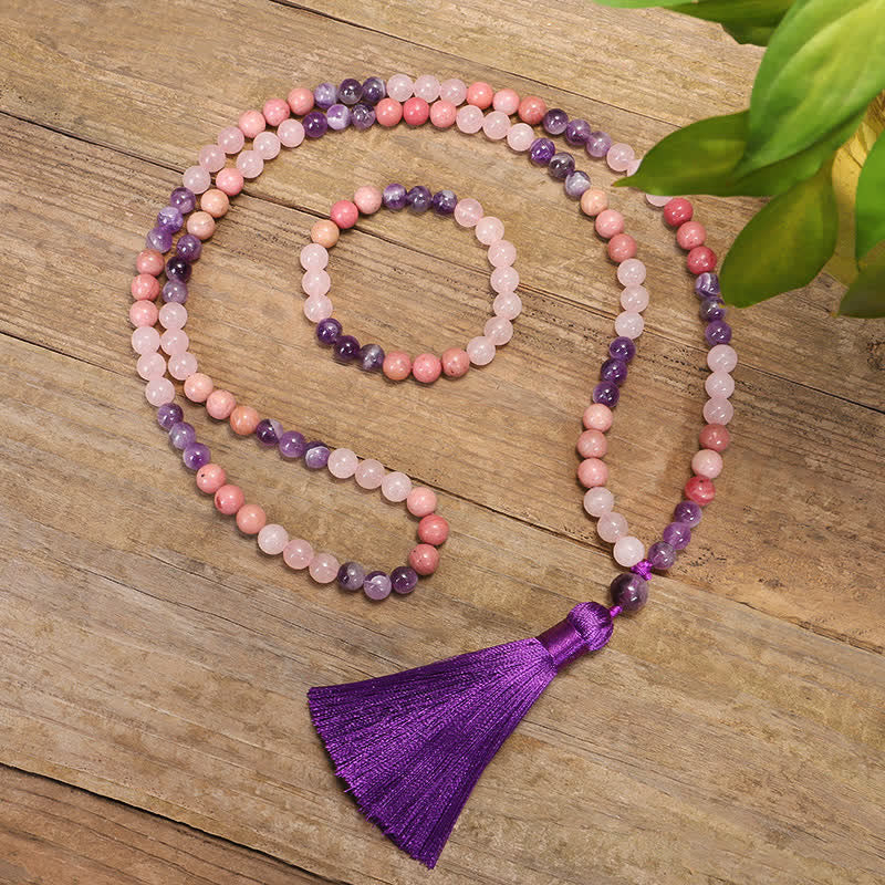 Buddha Stones 108 Mala Beads Ametista Quarzo Rosa Braccialetto con Nappa di Guarigione Spirituale - Image 3