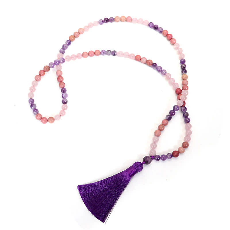 Buddha Stones 108 Mala Beads Ametista Quarzo Rosa Braccialetto con Nappa di Guarigione Spirituale - Image 7