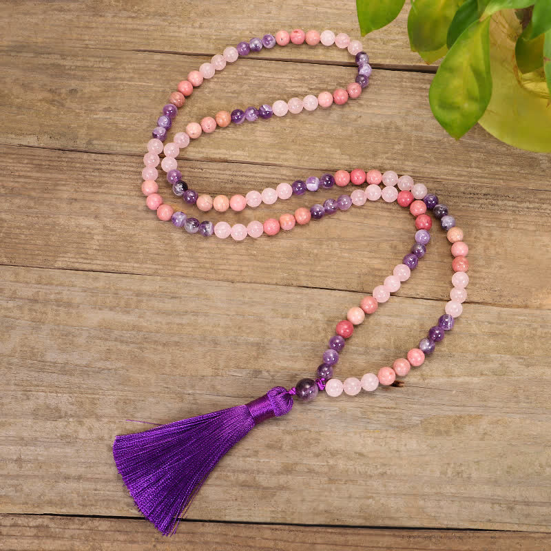 Buddha Stones 108 Mala Beads Ametista Quarzo Rosa Braccialetto con Nappa di Guarigione Spirituale - Image 8