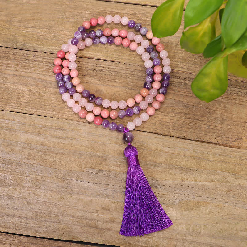 Buddha Stones 108 Mala Beads Ametista Quarzo Rosa Braccialetto con Nappa di Guarigione Spirituale - Image 9