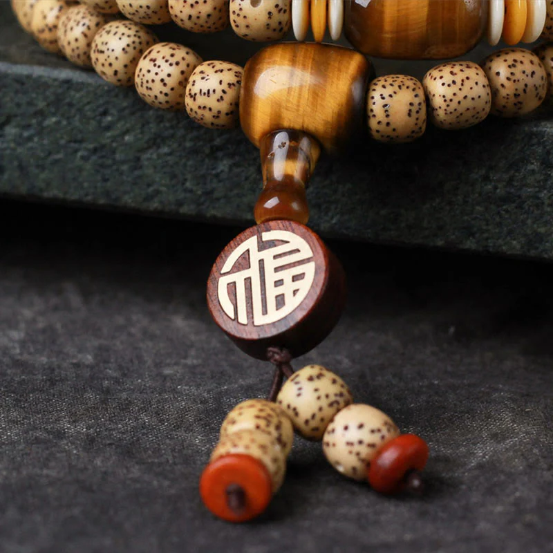 Buddha Stones 108 Mala Beads Bodhi Seed Occhio di tigre Fu Character Bracciale della pace - Image 10