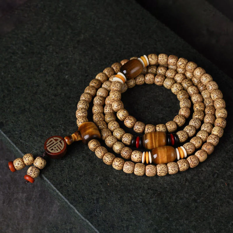 Buddha Stones 108 Mala Beads Bodhi Seed Occhio di tigre Fu Character Bracciale della pace - Image 4