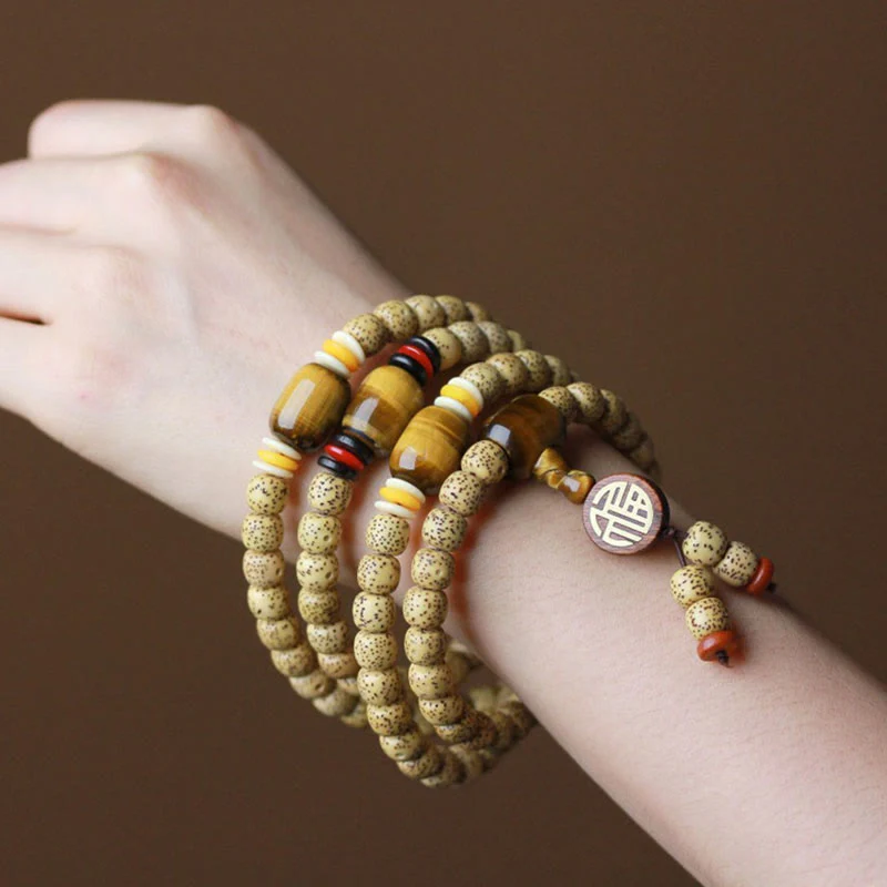 Buddha Stones 108 Mala Beads Bodhi Seed Occhio di tigre Fu Character Bracciale della pace - Image 5