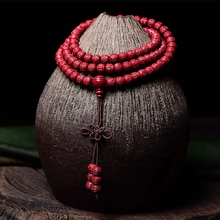 Buddha Stones 108 Mala Beads Cinnabar Om Mani Padme Hum Pattern Braccialetto di benedizione inciso - Image 13