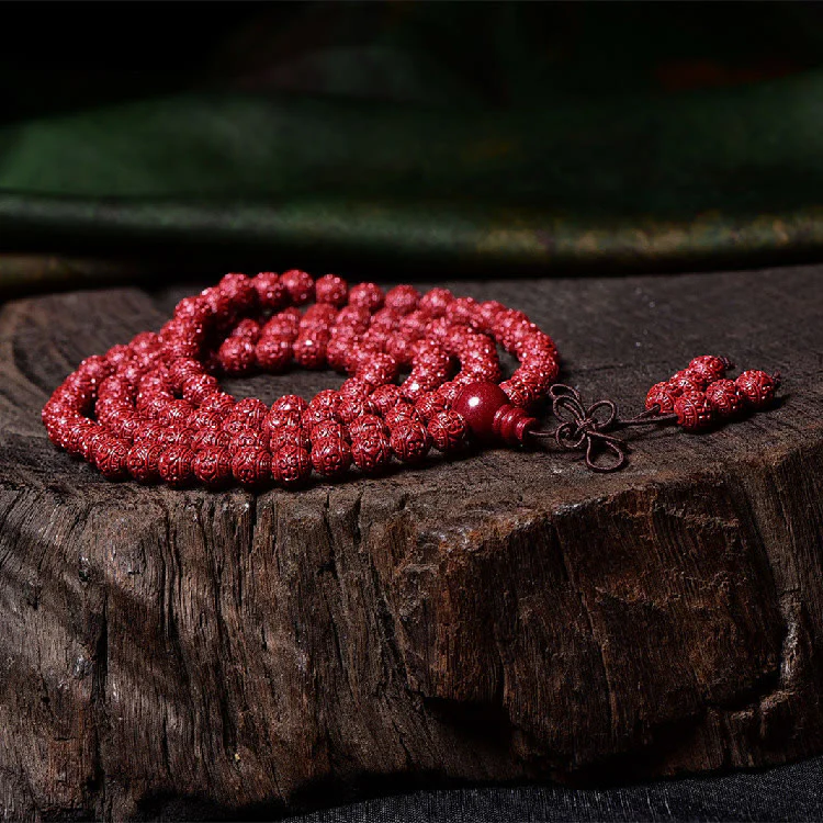 Buddha Stones 108 Mala Beads Cinnabar Om Mani Padme Hum Pattern Braccialetto di benedizione inciso - Image 4