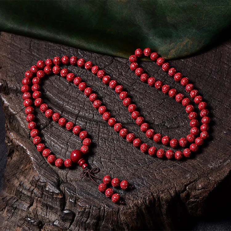 Buddha Stones 108 Mala Beads Cinnabar Om Mani Padme Hum Pattern Braccialetto di benedizione inciso - Image 7