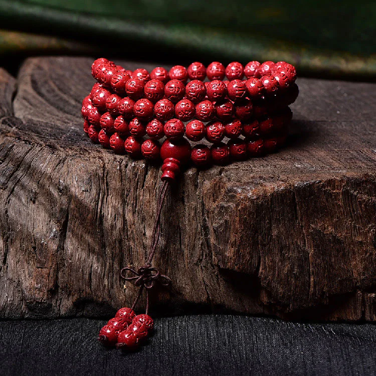 Buddha Stones 108 Mala Beads Cinnabar Om Mani Padme Hum Pattern Braccialetto di benedizione inciso - Image 9