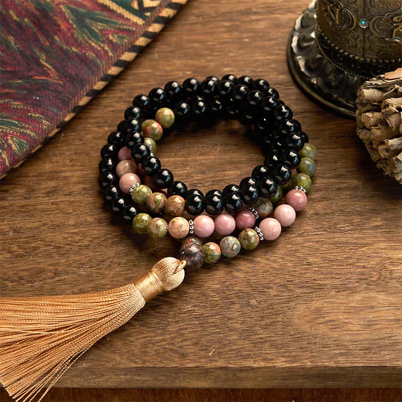 Buddha Stones 108 Mala Beads Diaspro Nero Rodonite Khaki Tassel Braccialetto di Guarigione